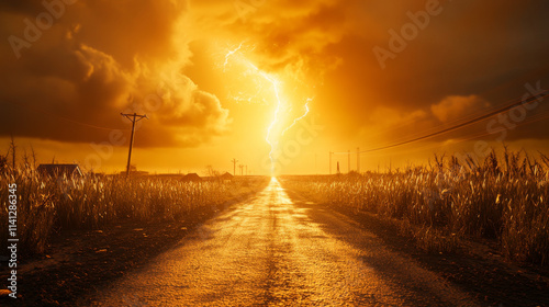 dramatic lightning strike illuminates empty dirt road leading to small town, surrounded by tall grass and ominous clouds. scene evokes sense of awe and tension