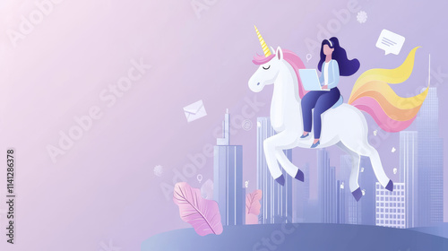 Female entrepreneur riding unicorn, symbolizing creativity and innovation in modern cityscape. vibrant scene showcasing empowerment and imagination