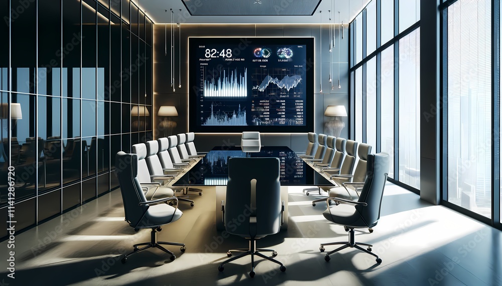 Naklejka premium A corporate meeting room with a glass table and a digital screen showing financial results