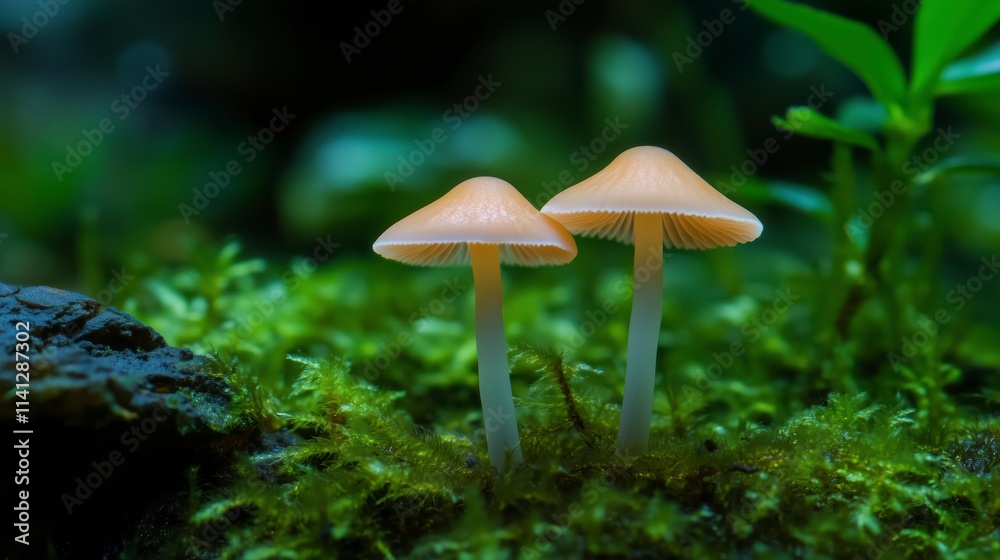 Two delicate orange mushrooms grow gracefully in a vibrant green forest setting. Two delicate orange mushrooms grow gracefully in a vibrant green forest setting.