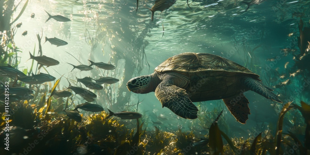 Fototapeta premium Sea Turtle Swimming with Fish in Reef