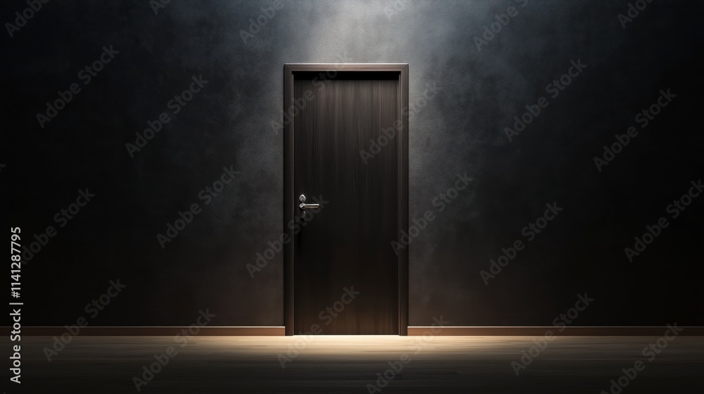 A mysterious dark wooden door illuminated softly in a shadowy environment, inviting curiosity. A mysterious dark wooden door illuminated softly in a shadowy environment, inviting curiosity.