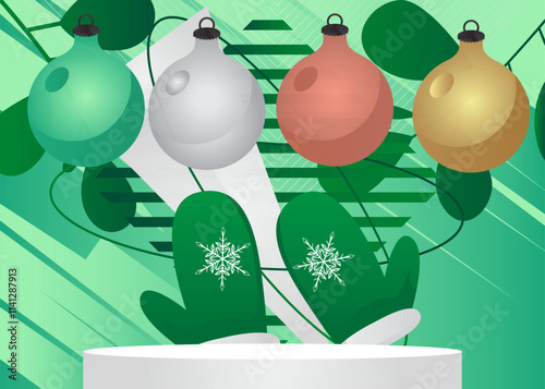Mockup product display with Mitten Glove and Christmas decoration ball. Vector cylinder pedestal podium. Stage showcase for presentation. Minimal geometric forms.