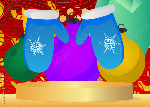 Mockup product display with Mitten Glove and Christmas decoration ball. Vector cylinder pedestal podium. Stage showcase for presentation. Minimal geometric forms.