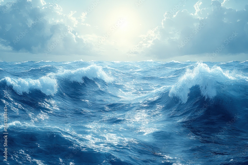 Fototapeta premium Tranquil Ocean Scene Vibrant Watercolor with Sunlight Reflecting on Blue Waves