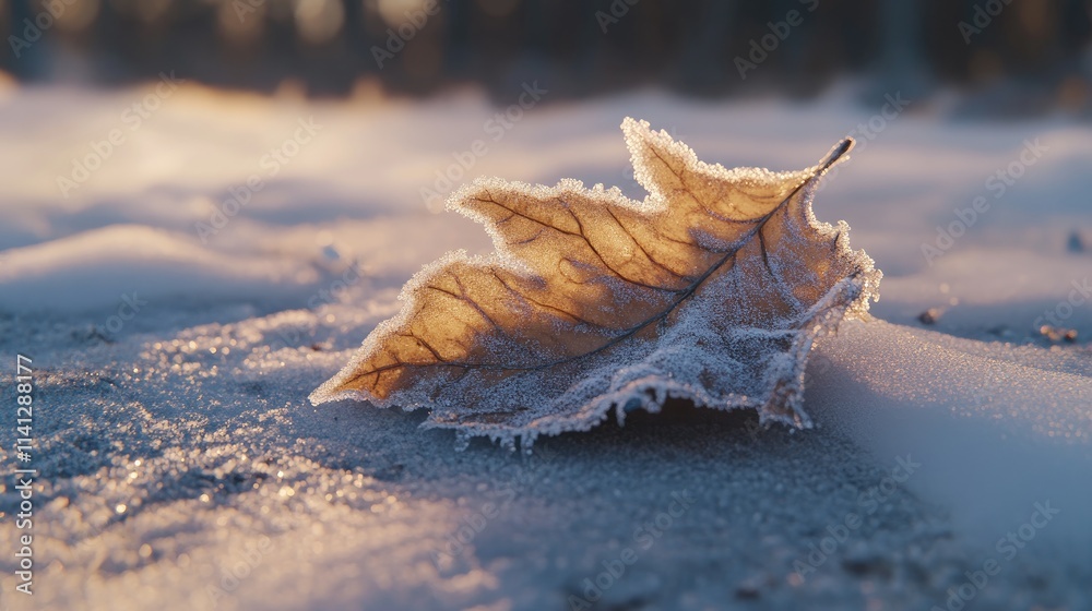 Frosted Maple Leaf on Snowy Ground Glowing in Soft Morning Light, Capturing Nature's Beauty in Winter Season, Close-Up Photo of Intricacies of Leaf Structure and Texture Frosted Maple Leaf on Snowy Ground Glowing in Soft Morning Light, Capturing Nature's Beauty in Winter Season, Close-Up Photo of Intricacies of Leaf Structure and Texture
