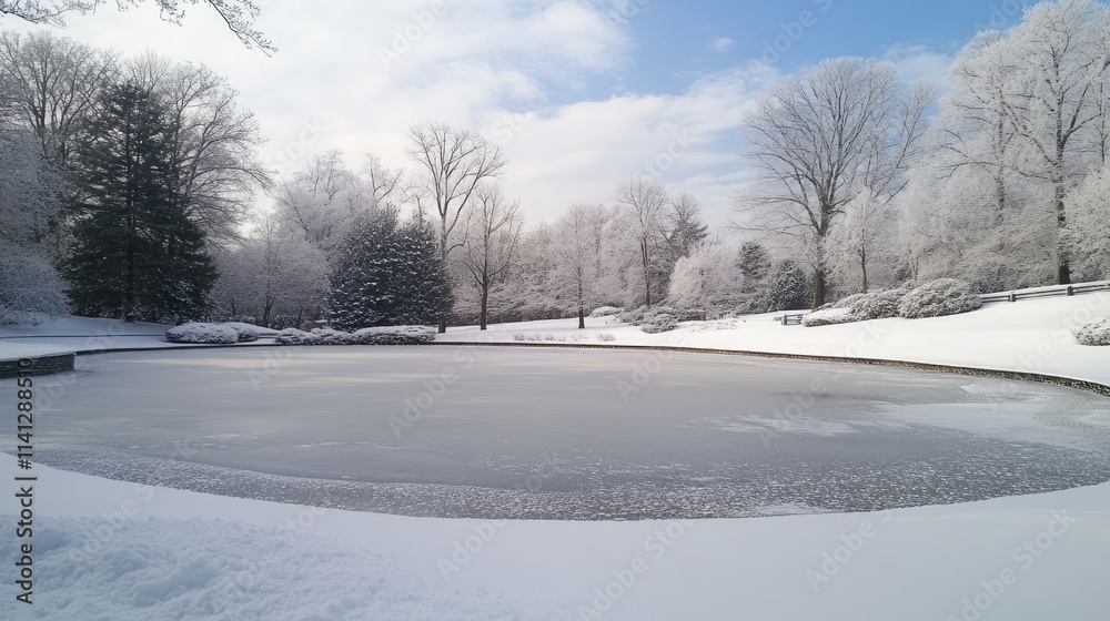 Fototapeta premium Serene Winter Scene with Frozen Pond Surrounded by Snow-Covered Trees and Clear Blue Sky, Evoking a Tranquil, Picturesque Landscape in a Winter Wonderland