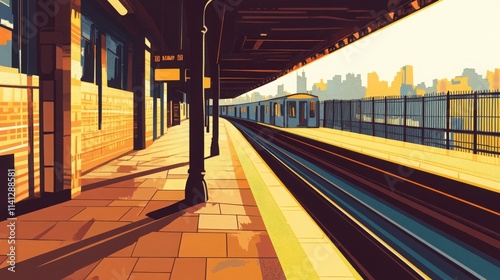 Urban Subway Scene at Sunset Capturing Shadows and Bold Colors with Trains Arriving at Platform in Vibrant City Landscape and Unique Lighting Effects