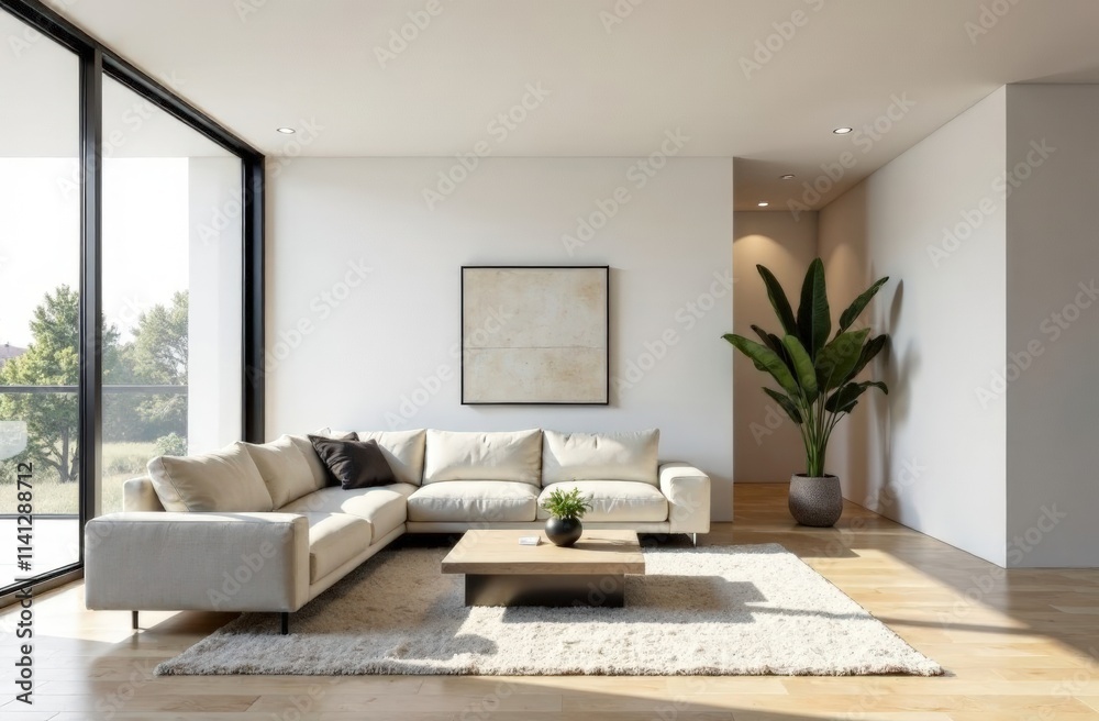 Fototapeta premium Contemporary living room with low profile sectional, minimalist coffee table and fine art. Scandinavian style