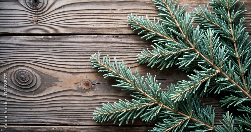 Elegant Evergreen Branch on Wooden Surface Elegant Evergreen Branch on Wooden Surface