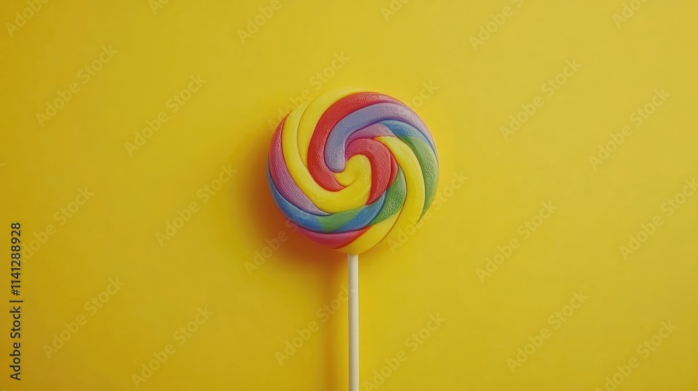 Colorful Swirl Lollipop with Bright Yellow Background Perfect for Sweet Treats, Candy Shops, and Fun Celebrations in a Playful Setting Colorful Swirl Lollipop with Bright Yellow Background Perfect for Sweet Treats, Candy Shops, and Fun Celebrations in a Playful Setting