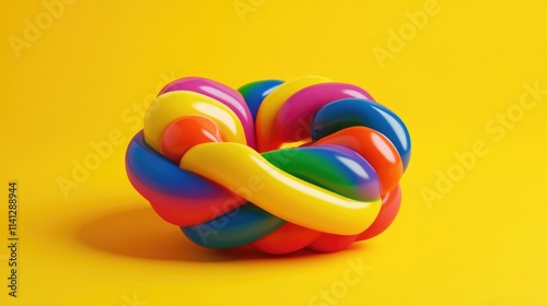 Wallpaper Mural A Colorful Twisted Knot in Bright Rainbow Hues Against a Vibrant Yellow Background, Perfect for Modern Art and Playful Design Concepts Torontodigital.ca