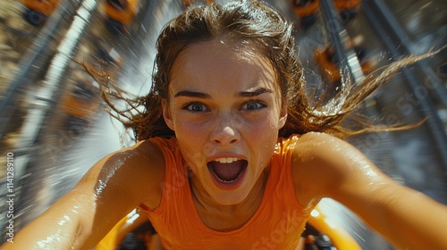 A young woman screams with excitement on a roller coaster, water splashing around her. photo