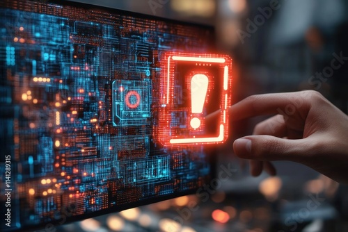Cyber Attack Warning Alert Laptop User Interacting with Hacking Technology and Cyber Security Threat Detection
