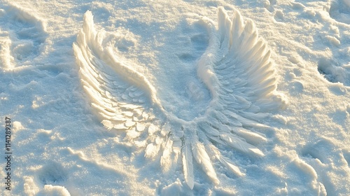 In the beautiful snow, a snow angel was formed. Make an angel-shaped print in the snow.