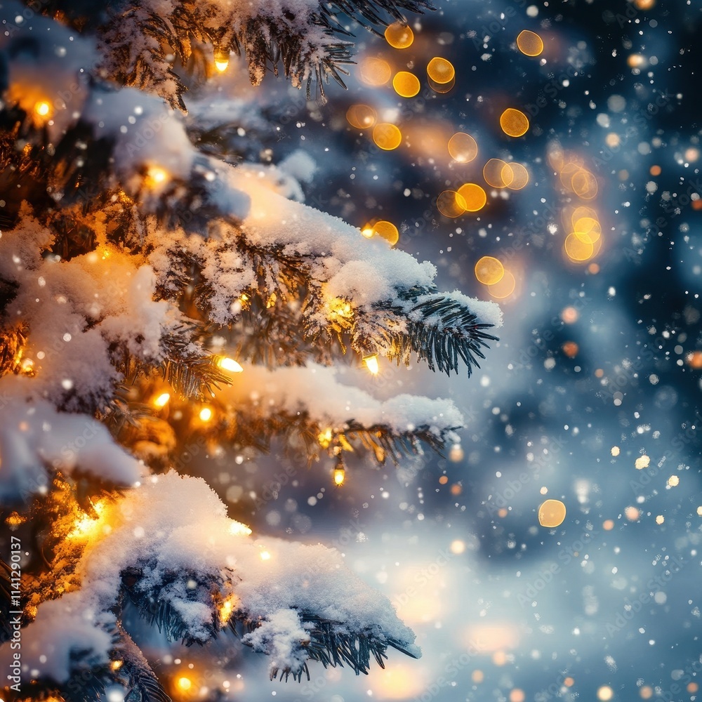Christmas winter blurred background. Xmas tree with snow decorated with garland lights, holiday festive background. Widescreen backdrop. New year Winter art design, wide screen holiday Christmas winter blurred background. Xmas tree with snow decorated with garland lights, holiday festive background. Widescreen backdrop. New year Winter art design, wide screen holiday
