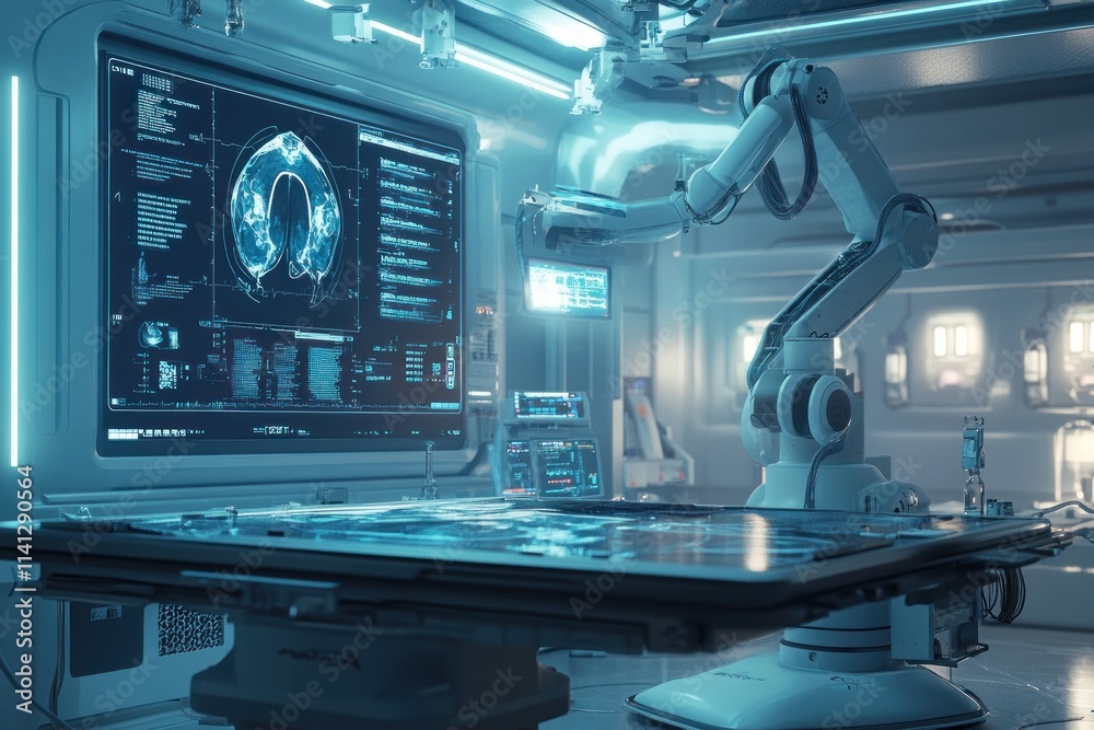 Futuristic medical robot arm in a sterile lab operating on a patient with advanced technology. Futuristic medical robot arm in a sterile lab operating on a patient with advanced technology.
