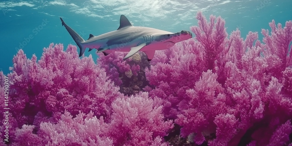 Fototapeta premium Hammerhead Shark Over Pink Coral Reef
