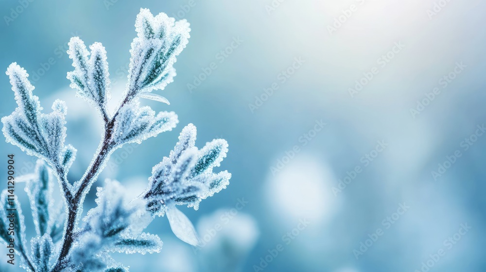 Frosted Leaves on Branch Capturing the Beauty of Winter's Chill and Delicate Ice Crystals Glimmering in Soft Natural Light with a Gentle Blue Background Frosted Leaves on Branch Capturing the Beauty of Winter's Chill and Delicate Ice Crystals Glimmering in Soft Natural Light with a Gentle Blue Background