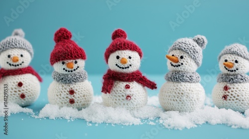 little knitted snowmans on soft snow on blue backgroundlittle knitted snowmans on soft snow on blue background photo