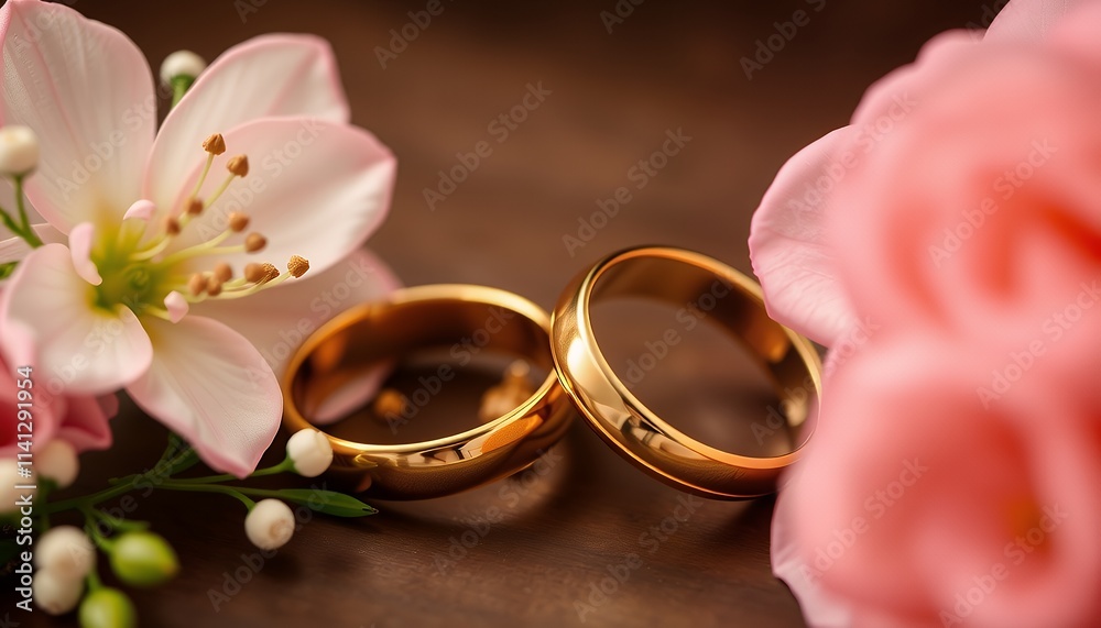 Two golden wedding rings nestled beside soft pink flowers on a rich wooden surface. A symbol of enduring love and commitment. Two golden wedding rings nestled beside soft pink flowers on a rich wooden surface. A symbol of enduring love and commitment.