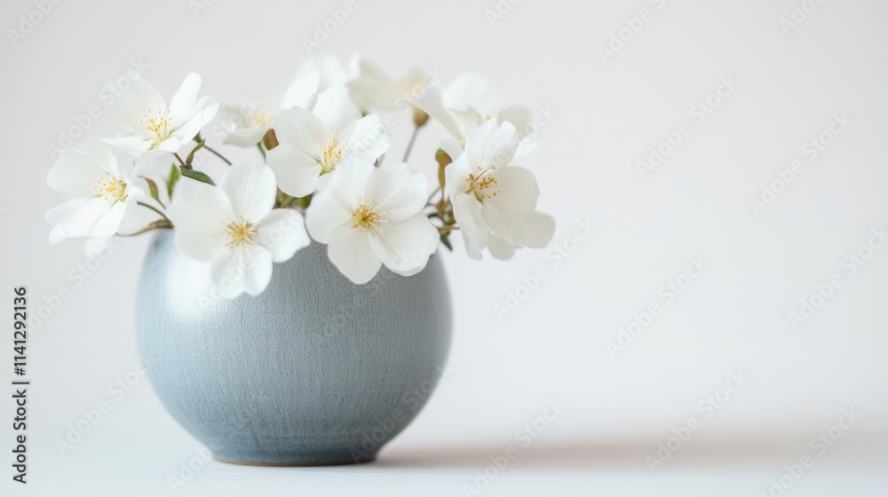 Elegant Arrangement of White Flowers in a Light Blue Round Vase on Simple Background for Home Decor, Interior Design, and Floral Inspiration