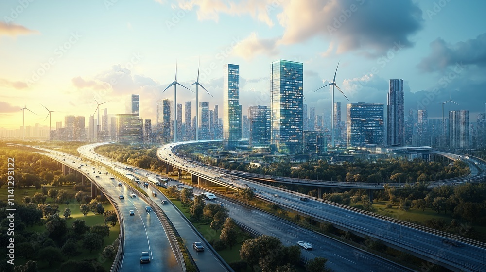 Fototapeta premium A mix of urban architecture and wind turbines blending with bridges and highways, emphasizing the seamless integration of innovation and clean energy.