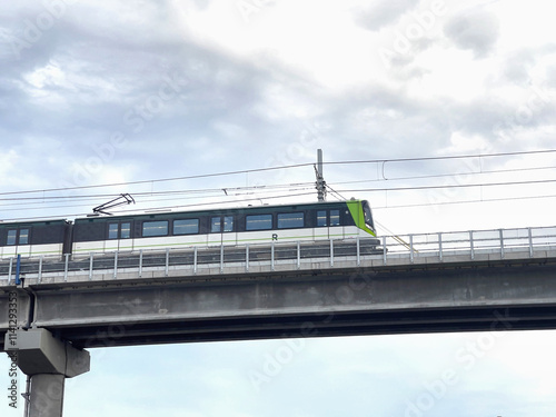 Modern Electric Train on Elevated Railway in Montreal, Quebec, Canada