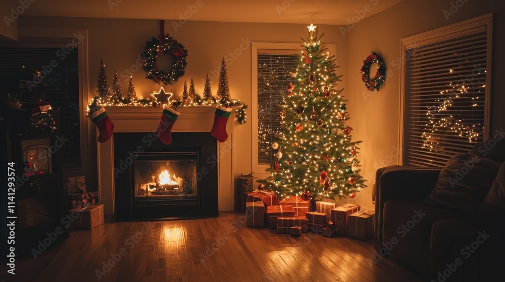 Christmas Tree with Decorations Near a Fireplace with Lights Christmas Tree with Decorations Near a Fireplace with Lights