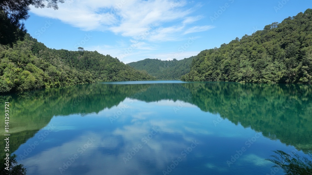 Serene lake reflecting blue sky and lush green hills. Serene lake reflecting blue sky and lush green hills.