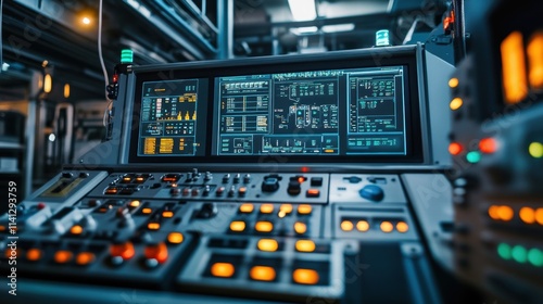 The inner workings of a robotic control panel filled with a complex display of lights buttons and screens revealing the sophisticated technology that drives automated manufacturing photo