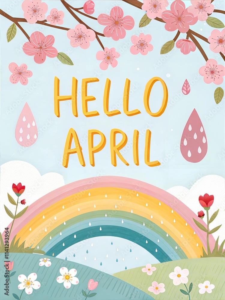 Hello April, welcome April typography. Cozy spring illustration for greetings card, poster, calendar name, or month name