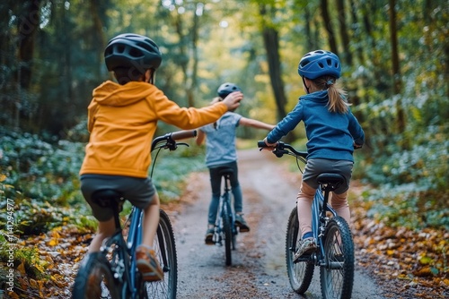 Family Biking Adventure with Children High Fiving Outdoors in Nature photo