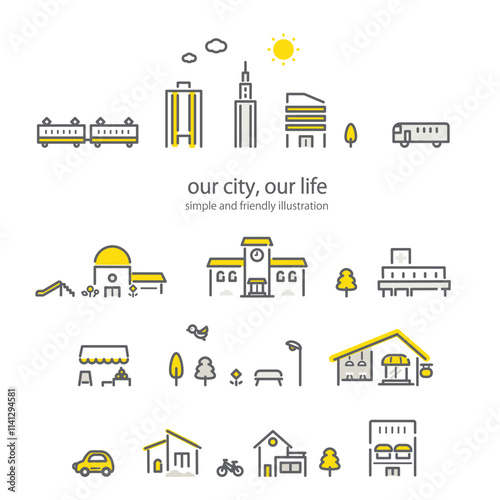 都市の建物セット　アイコン風線画イラストセット
