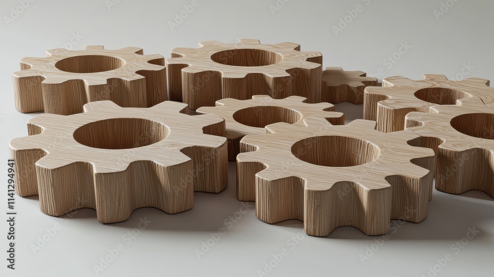 Detailed 3D Render of Interconnected Wooden Gears on a Clean Background for Mechanical Design Concepts Detailed 3D Render of Interconnected Wooden Gears on a Clean Background for Mechanical Design Concepts
