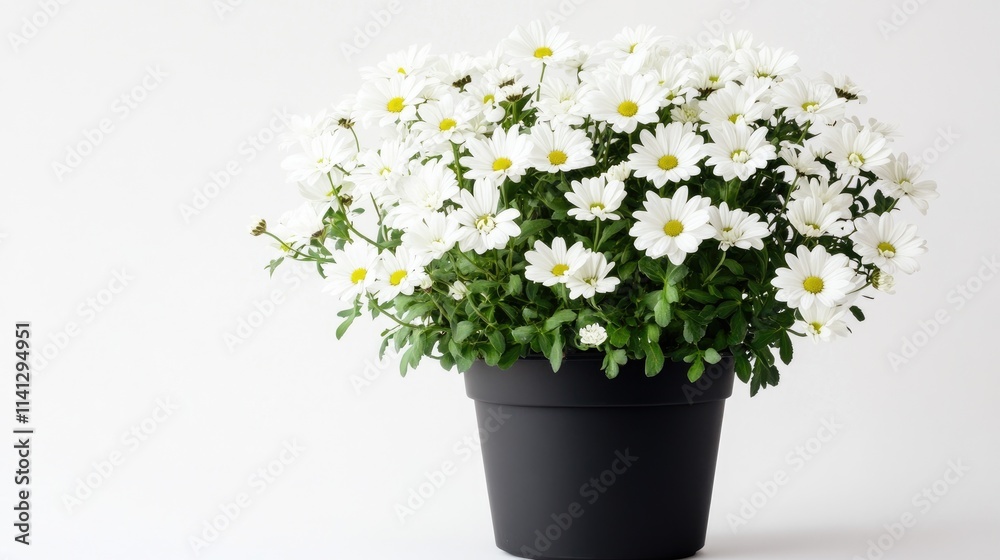 Fresh and Vibrant White Daisies in a Simple Black Pot Against a Clean Background, Perfect for Floral Arrangements and Natural Decor Inspiration Fresh and Vibrant White Daisies in a Simple Black Pot Against a Clean Background, Perfect for Floral Arrangements and Natural Decor Inspiration