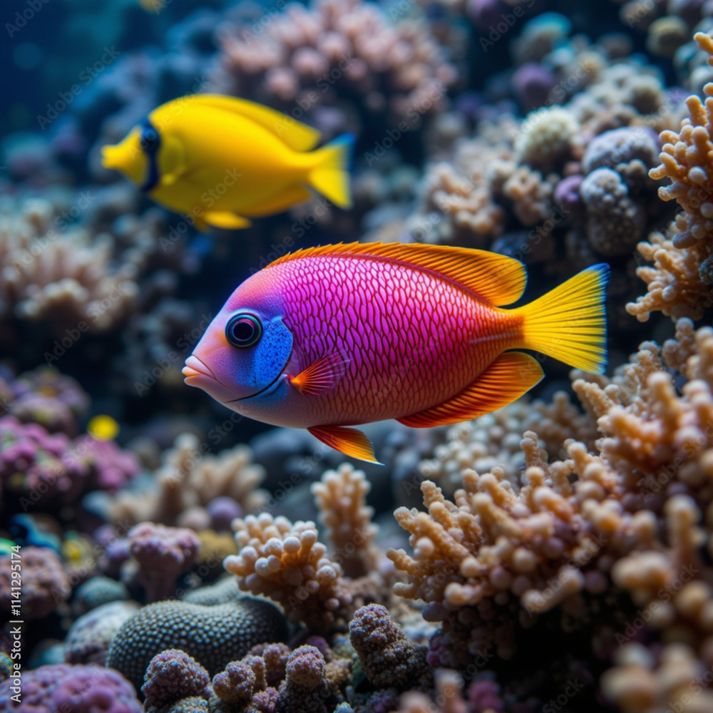 Retrato pez rojo rosado amarillo anaranjado y azul junto a un pez amarillo junto a un arrecife de coral Retrato pez rojo rosado amarillo anaranjado y azul junto a un pez amarillo junto a un arrecife de coral