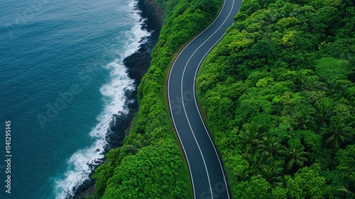 coastal highway exploration concept. A winding road hugs the coastline, surrounded by lush greenery and the tranquil blue ocean, showcasing nature's beauty and scenic landscapes. photo