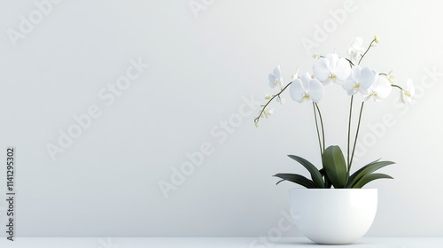 Elegant White Orchid Plant in Minimalist Pot with Green Leaves on Soft Gray Background, Perfect for Home Decor and Modern Interior Design