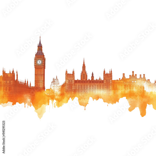 Watercolor illustration of a city on a white background.