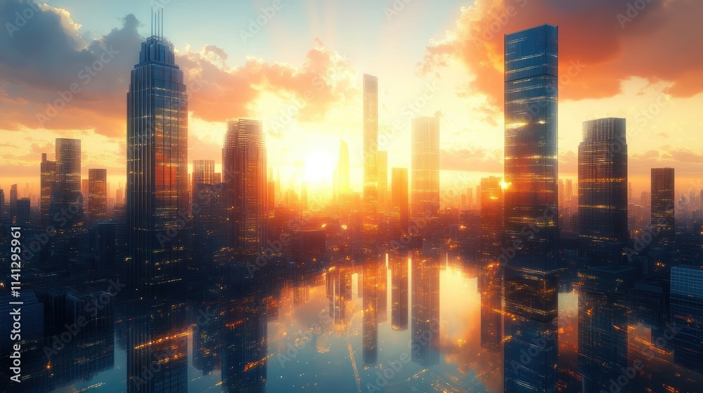 Obraz premium Futuristic Cityscape at Sunrise with Modern Skyscrapers and Reflections in a Smart Financial District