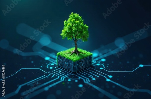 Tree growing on a digital Circuit ball. Convergence of digital and technology. Earth Day concept. Save the planet. Think about the environment. Paris Agreement concept. Ecology concept.
