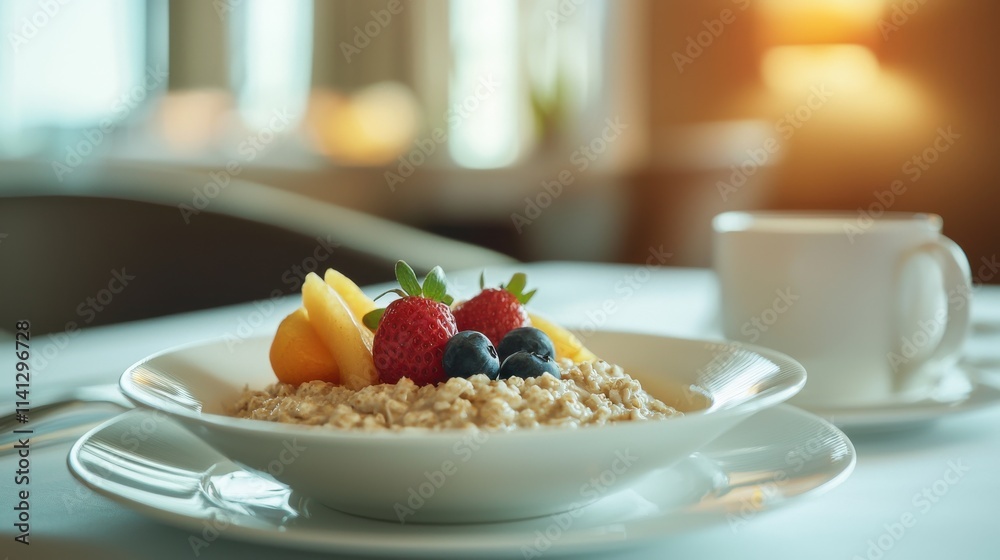 Minimalist Breakfast Setup with Oatmeal and Fresh Fruit in a Cozy Indoor Environment Minimalist Breakfast Setup with Oatmeal and Fresh Fruit in a Cozy Indoor Environment