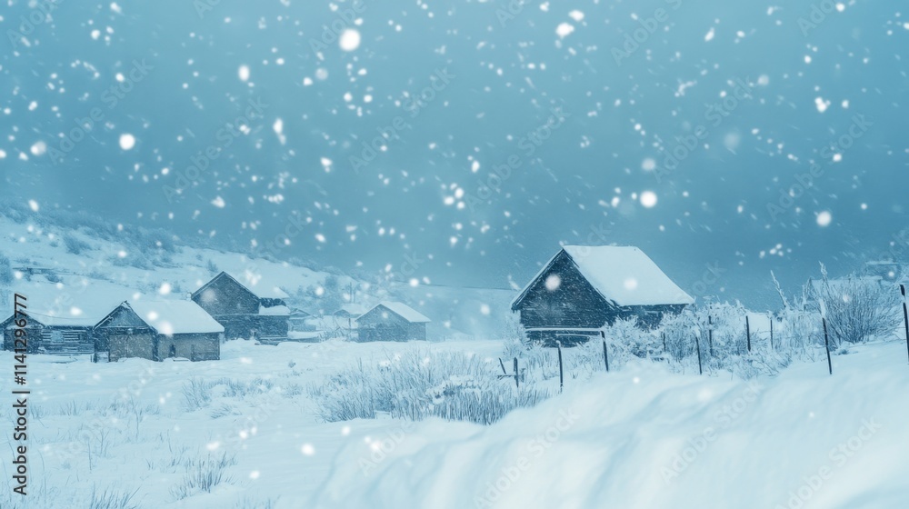 Snow falling on rustic wooden houses in a snowy landscape. Snow falling on rustic wooden houses in a snowy landscape.
