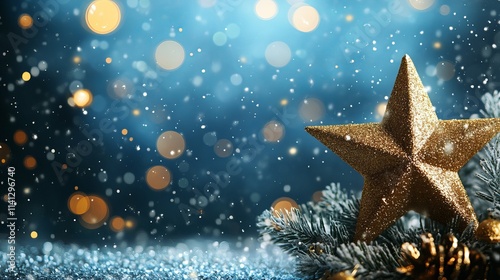 Festive christmas background with shimmering gold star decoration on red