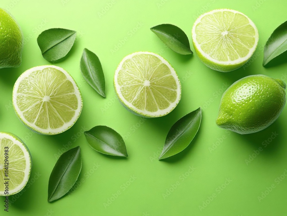 Sliced limes and leaves on green background Sliced limes and leaves on green background