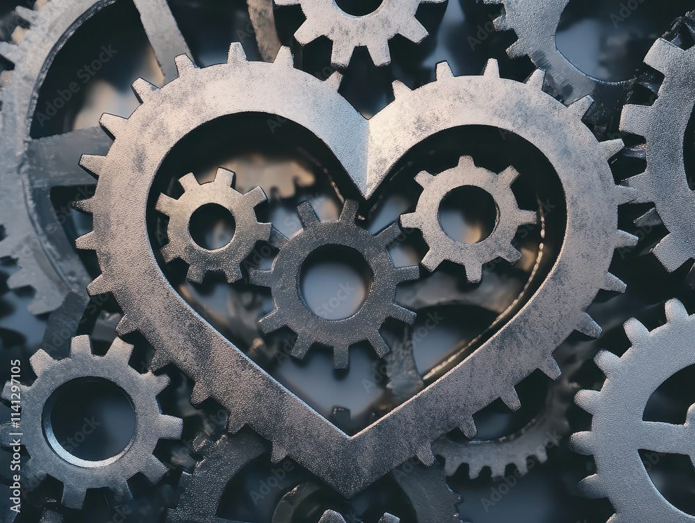 A heart-shaped cutout surrounded by various metallic gears, symbolizing the connection between love and machinery.