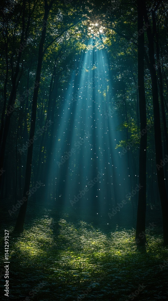 Obraz premium Sunlight beams filtering through trees in a serene forest setting.