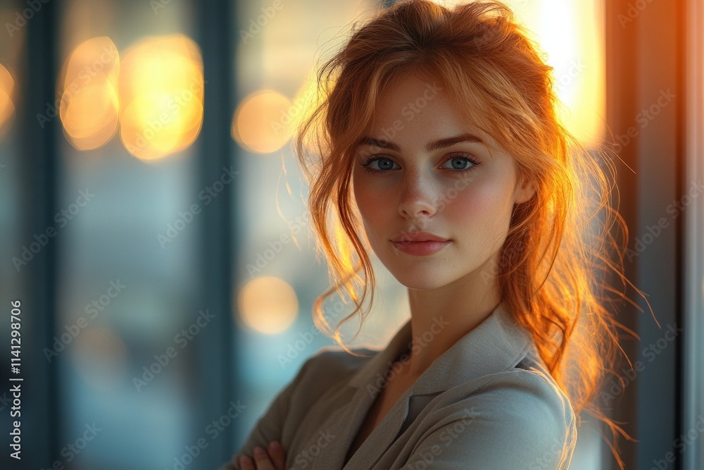 Confident businesswoman standing in modern office with arms crossed smiling in natural light Confident businesswoman standing in modern office with arms crossed smiling in natural light