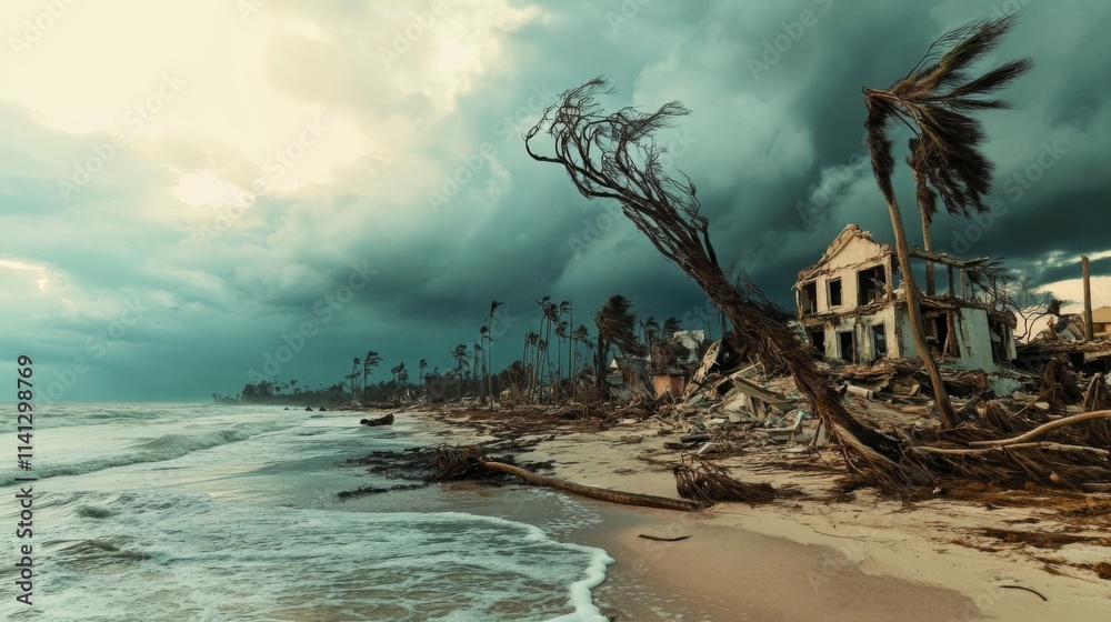 Storm-ravaged coastal house ruins, bent trees, ocean waves.